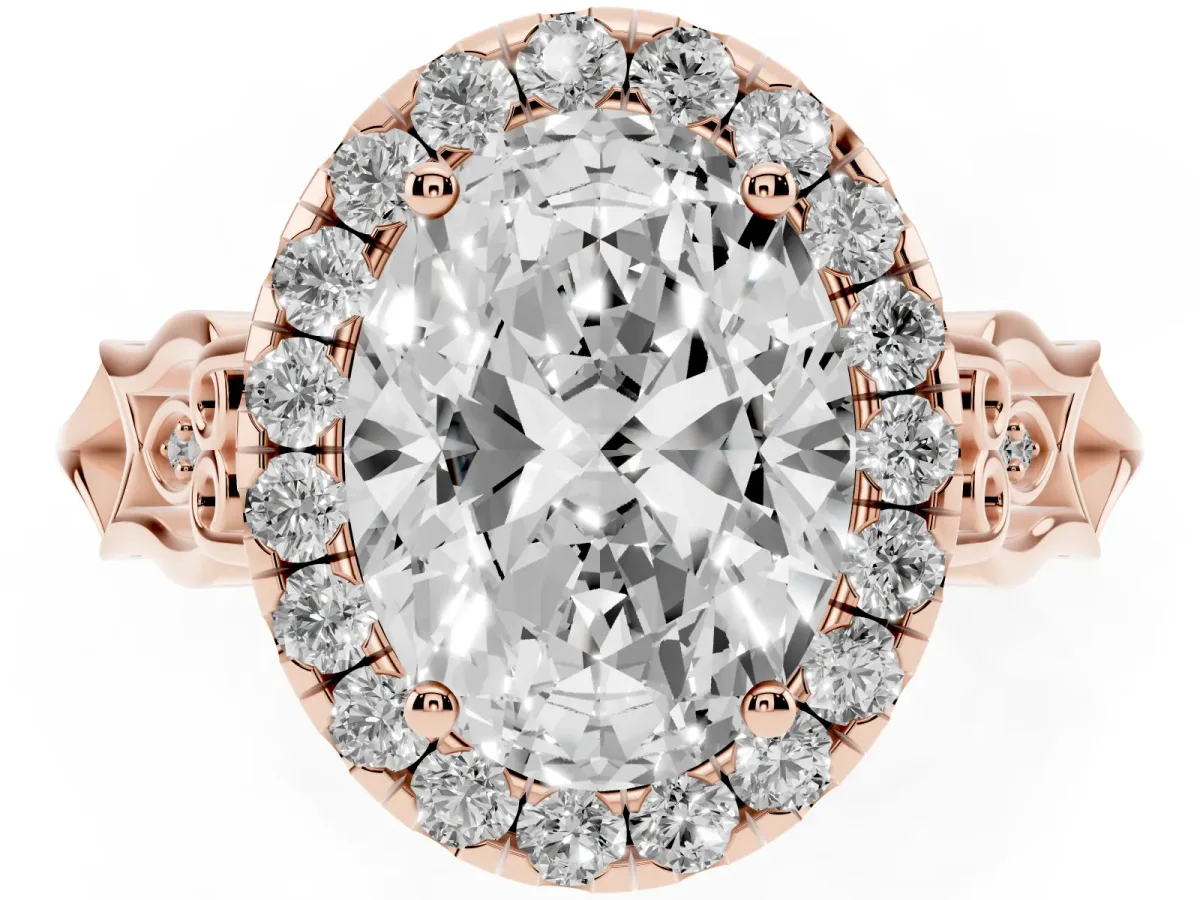 Oval Cut Halo Diamond Engagement Ring with Filigree Band and Four-Prong Setting Rose gold