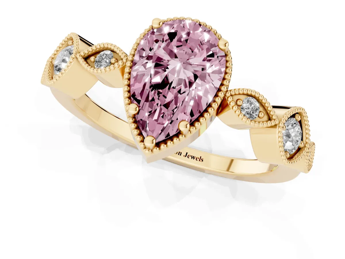 Fancy Pink Pear Cut Diamond Vintage Milgrain Ring with Round Stations Yellow gold