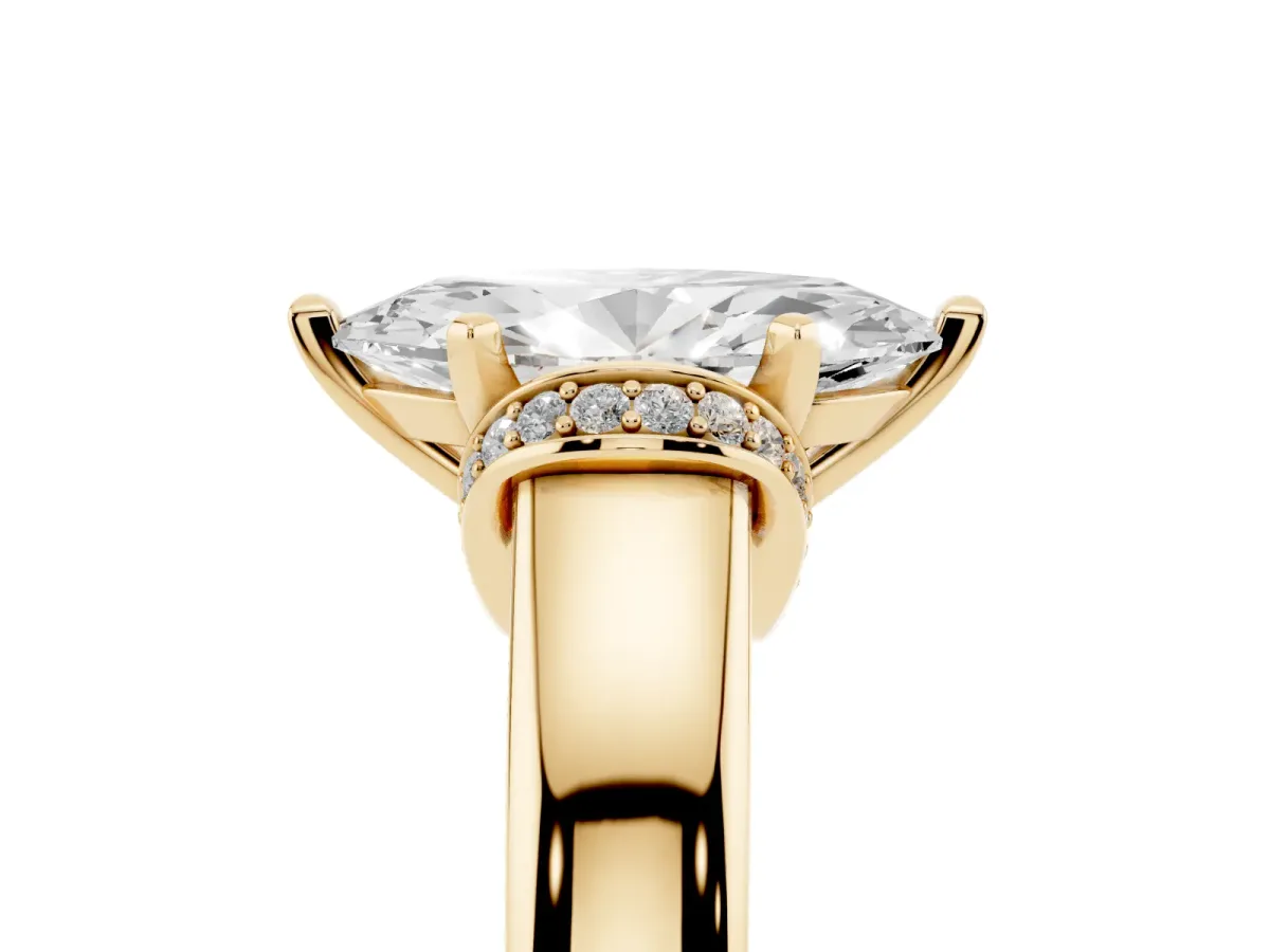 Marquise Cut Solitaire Diamond Ring with Pave Band and Six-Prong Setting Yellow gold