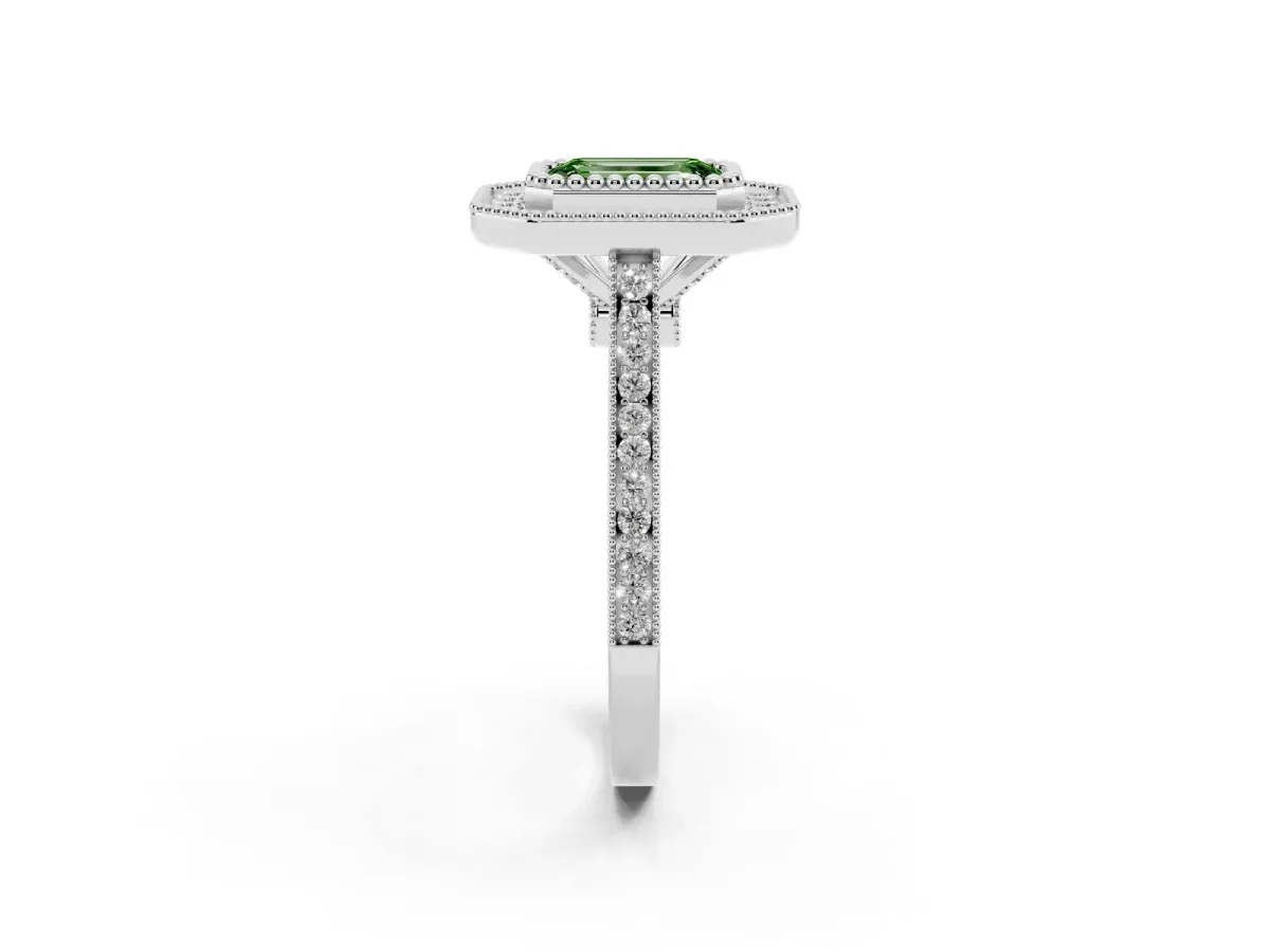 Fancy Green Emerald Cut Diamond Halo Ring with Milgrain Frame and Pavé Band Silver