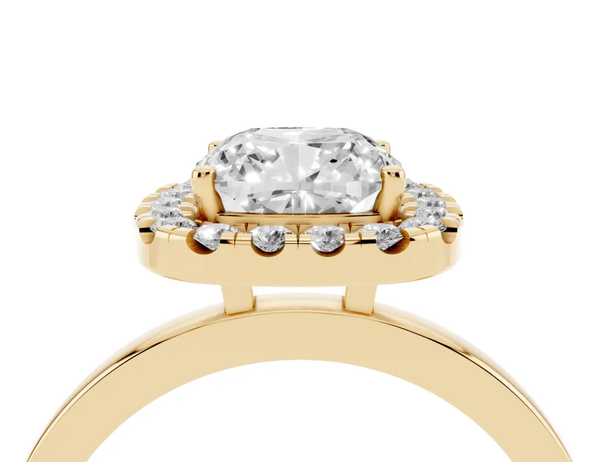 Cushion Cut Halo Diamond Solitaire with Pavé Band and Four-Prong Setting Yellow gold