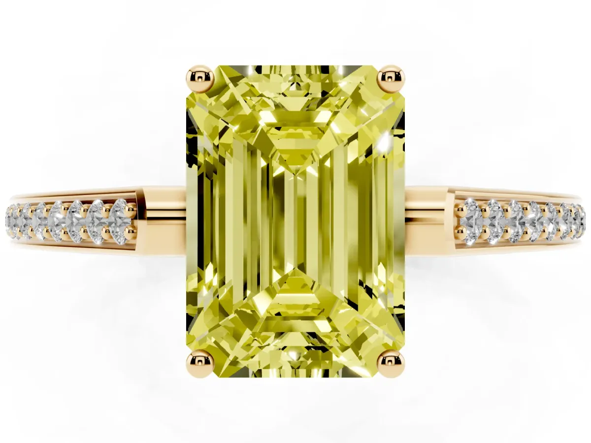 Fancy Yellow Emerald Cut Cut Cathedral Pave Diamond Engagement Ring with Six-Prong Setting Yellow gold