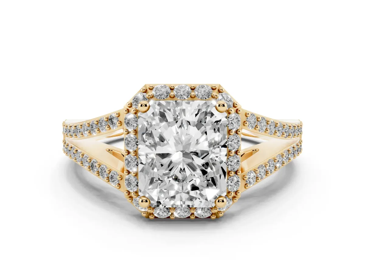Radiant Cut Halo Split Shank Diamond Ring with Prong Setting Yellow gold