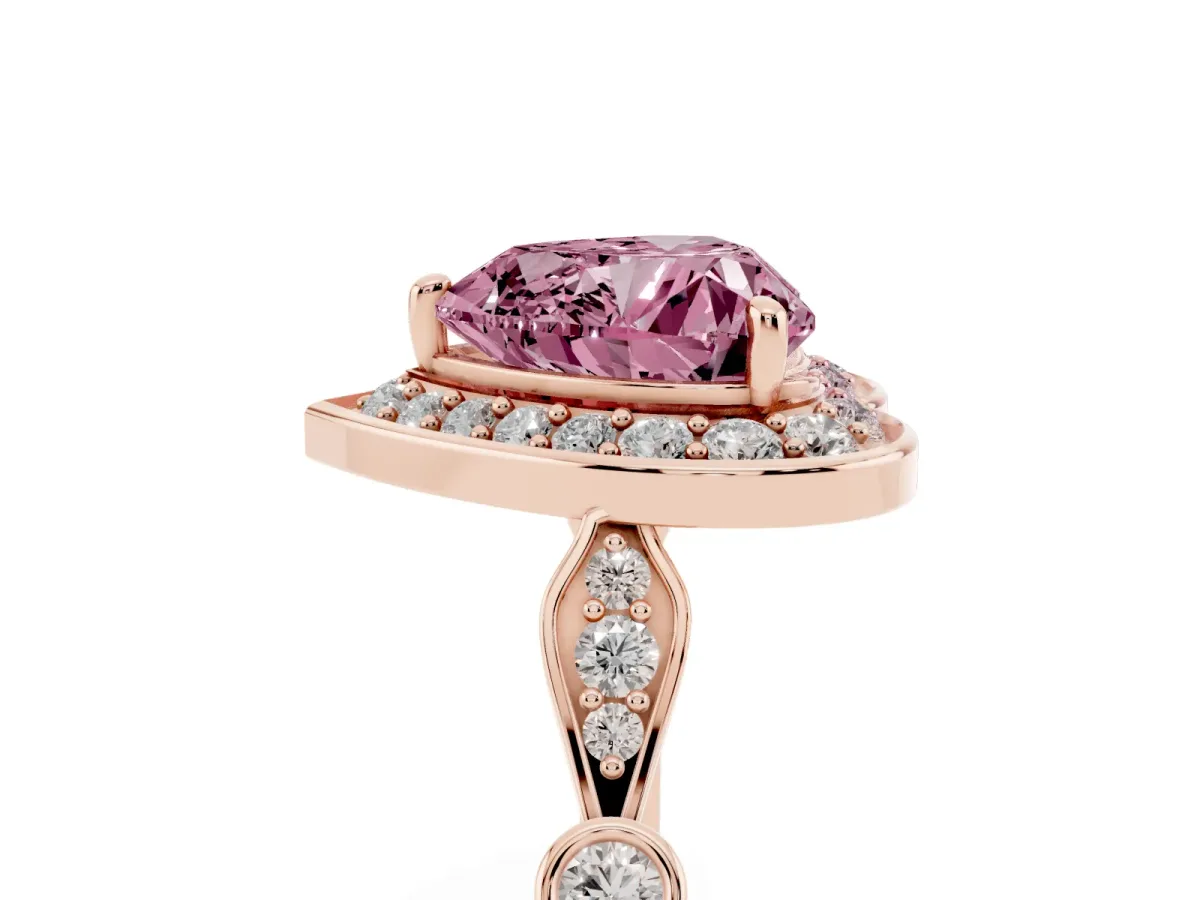 Fancy Pink Heart Cut Halo Diamond Engagement Ring with Twisted Band and Four-Prong Setting Rose gold