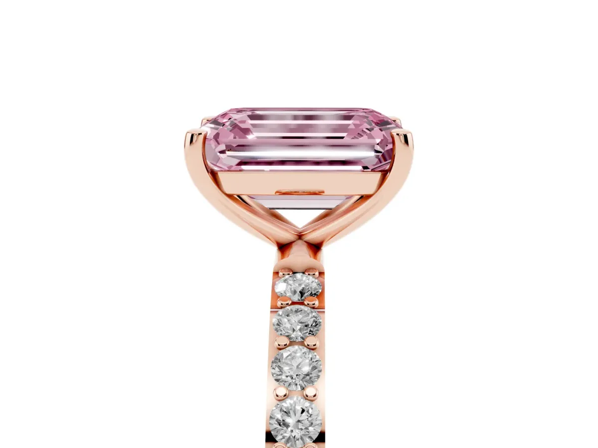 Fancy Pink Emerald Cut Diamond Solitaire Ring with Round Pavé Shoulders and Prong Setting Rose gold