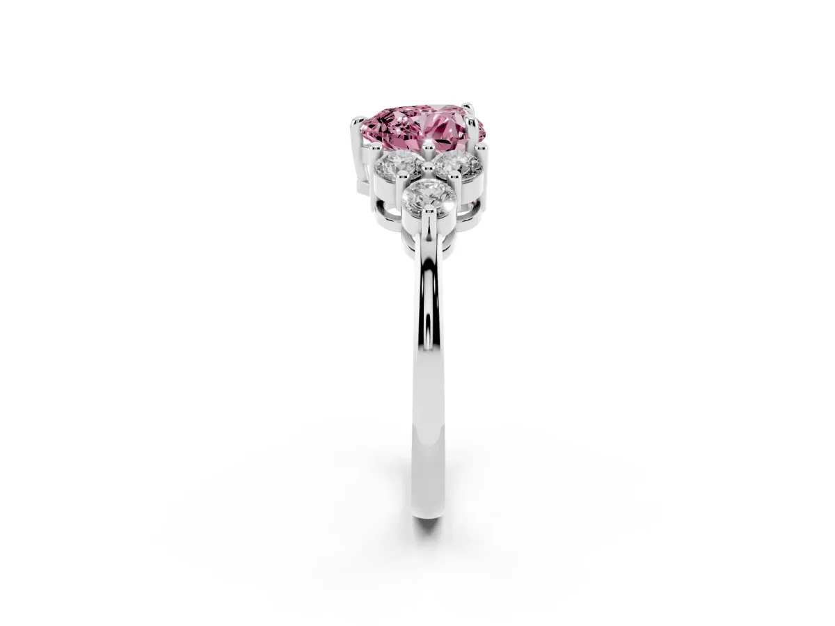 Fancy Pink Heart Cut Brilliant Diamond Cluster Accent Solitaire Ring with Prong Setting Silver