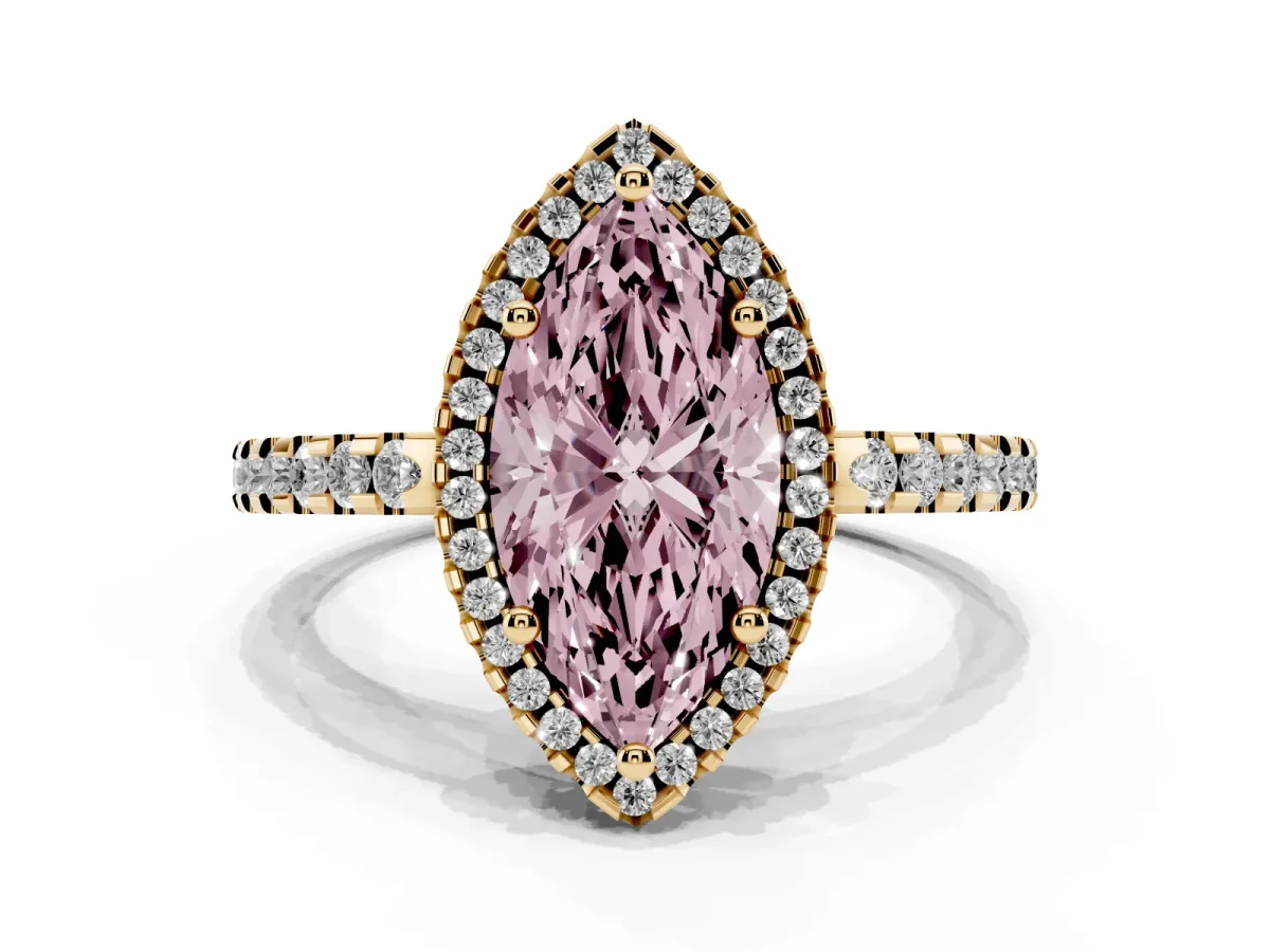 Fancy Pink Marquise Cut Diamond Halo Engagement Ring with Pavé Band and Prong Setting Yellow gold