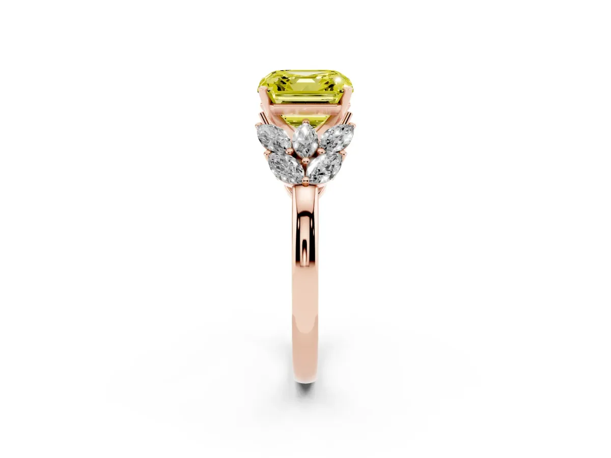 Fancy Yellow Asscher Cut Diamond Cluster Leaf Design Ring with Prong Setting Rose gold