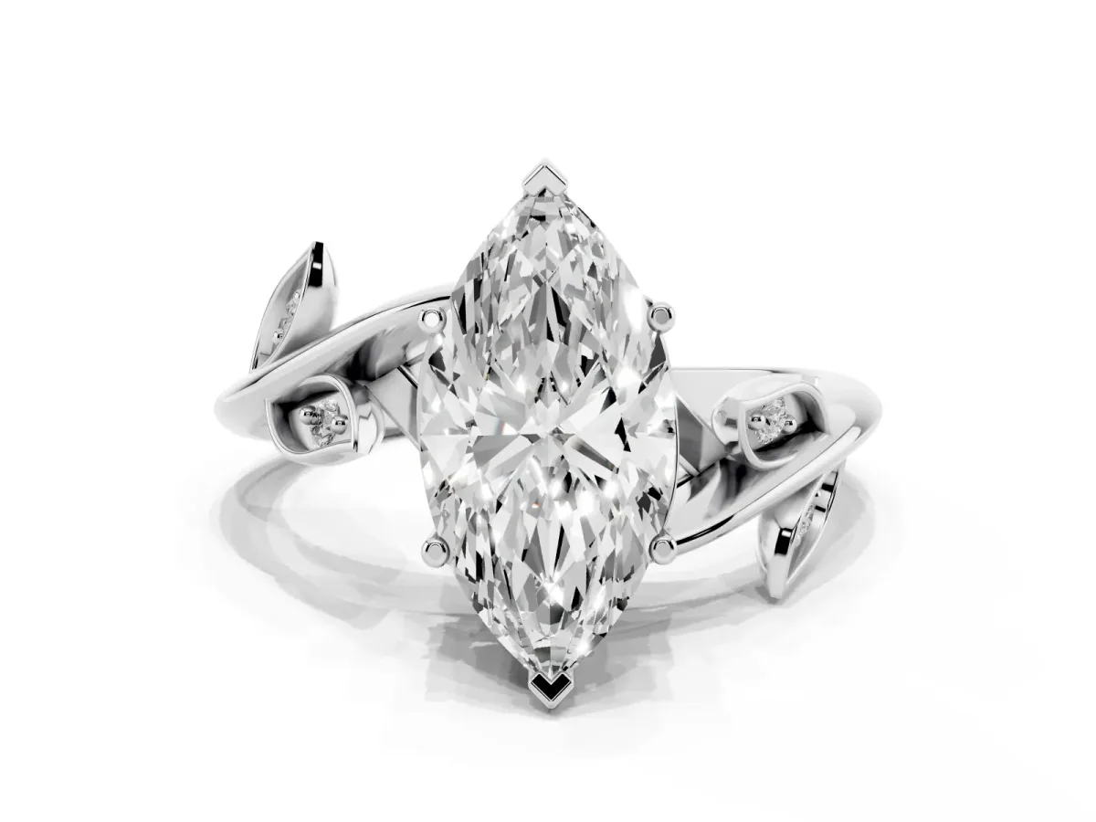 Marquise Cut Solitaire Twist Engagement Ring with Leaf Accents and Prong Setting Platinum