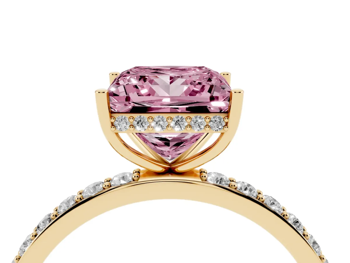 Fancy Pink Princess Cut Diamond Solitaire Ring with Pavé Band and Hidden Halo Yellow gold
