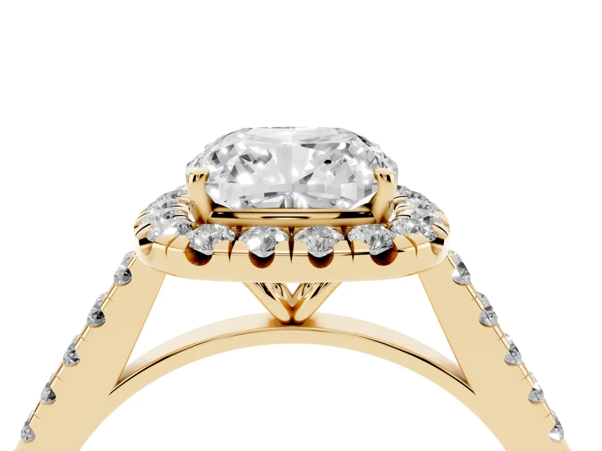Cushion Cut Halo Pave Diamond Engagement Ring with Four-Prong Setting Yellow gold