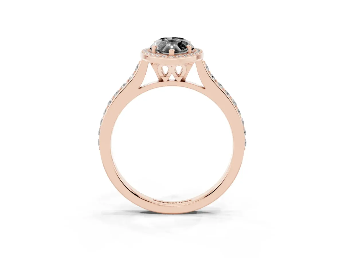 Fancy Black Marquise Cut Diamond Halo Engagement Ring with Round Pavé Shoulders and Prong Setting Rose gold