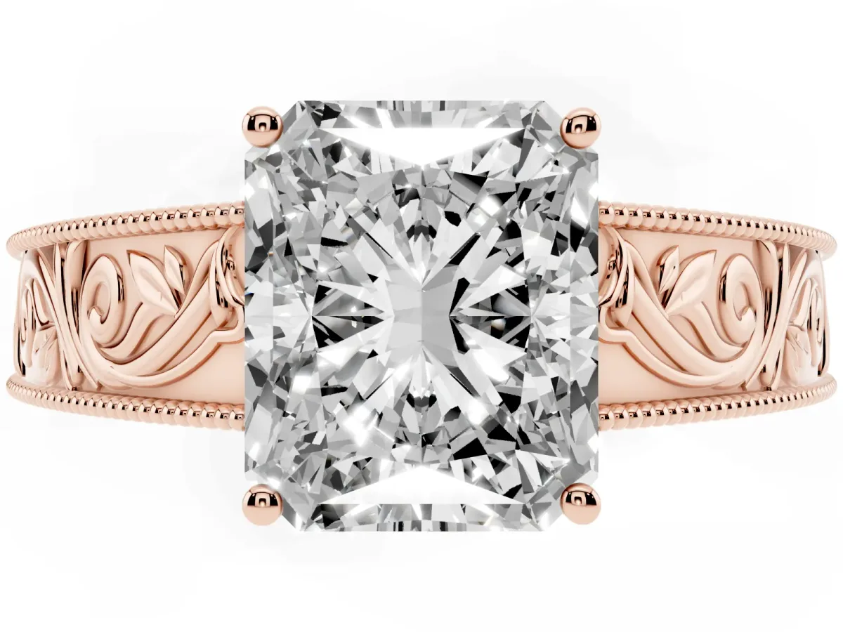 Radiant Cut Diamond Solitaire Ring with Engraved Band and Four-Prong Setting Rose gold