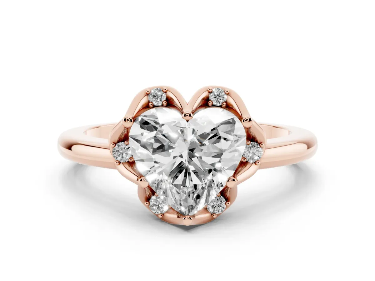 Heart Cut Halo Diamond Ring with Round Cluster Setting, Solitaire Band, and Four-Prong Setting Rose gold