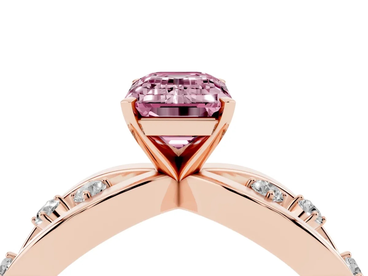 Fancy Pink Emerald Cut Cut Solitaire Diamond with Side Stones on Criss-Cross Band and Four-Prong Setting Rose gold