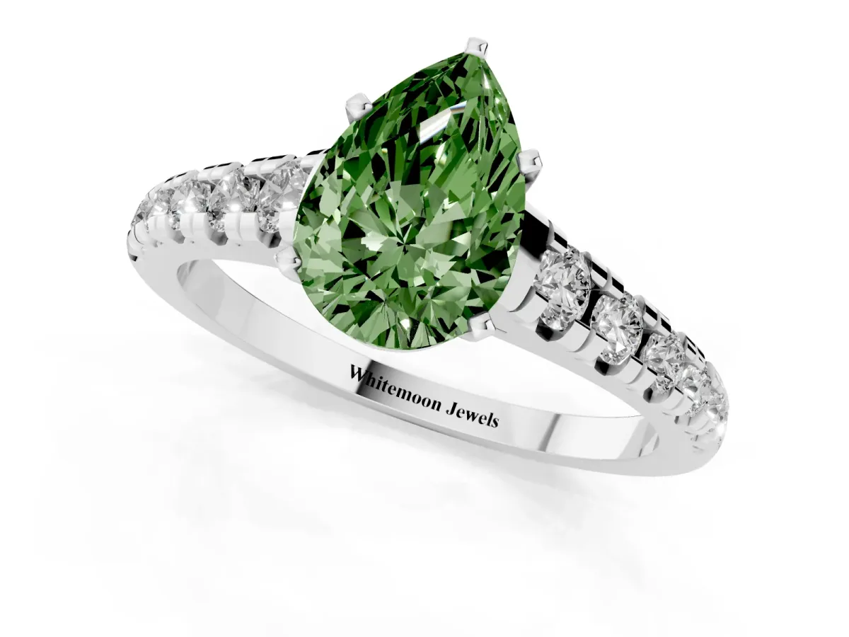 Fancy Green Pear Cut Diamond Cathedral Solitaire Ring with Round Pavé Band Silver