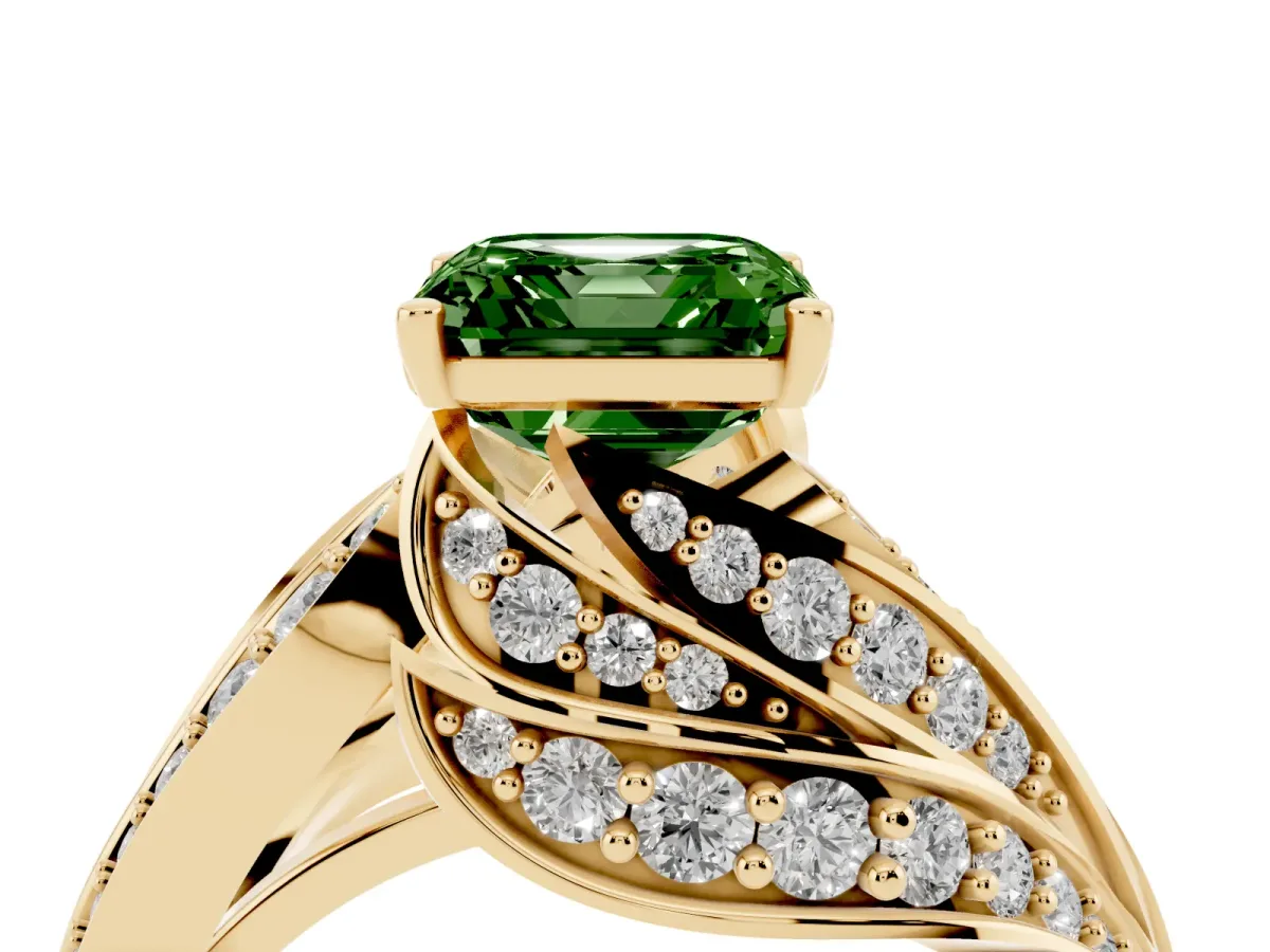 Fancy Green Asscher Cut Diamond Solitaire Ring with Prong Setting and Twisted Pavé Band Yellow gold