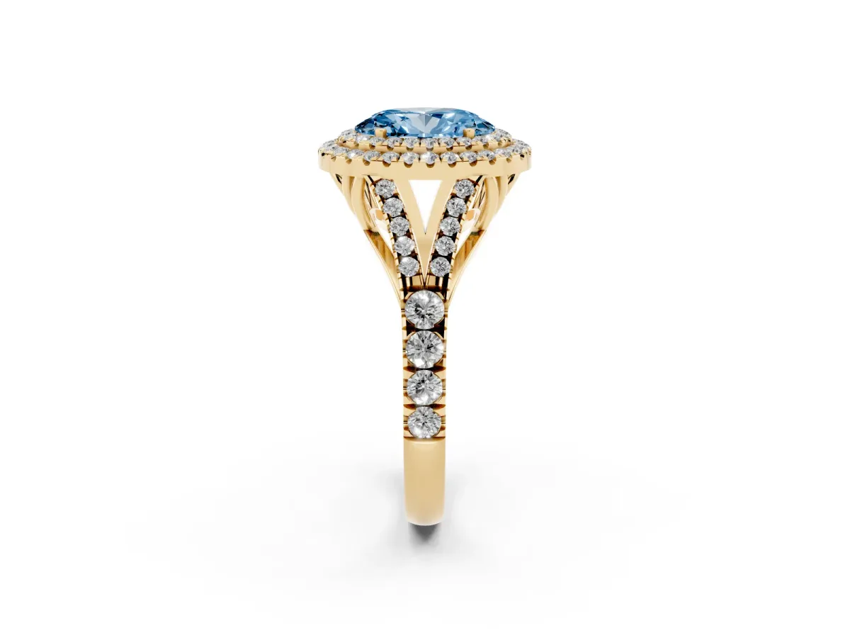 Fancy Blue Oval Cut Diamond Pavé Split Shank Double Halo Engagement Ring Yellow gold