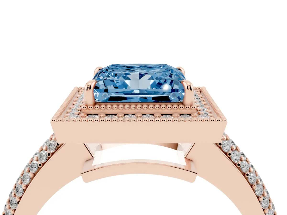 Fancy Blue Princess Cut Cut Halo Diamond Pave Band with Four-Prong Setting Rose gold