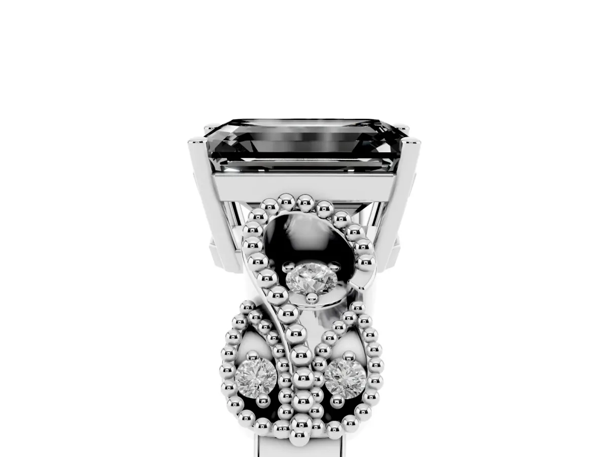 Fancy Black Emerald Cut Solitaire Milgrain Leaf Band with Prong Setting Silver