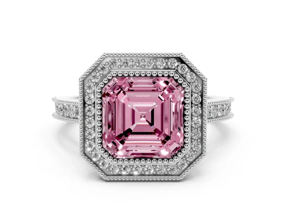 Fancy Pink Halo Asscher Cut-Cut Diamond Pave Band Milgrain Prong Setting Ring Silver