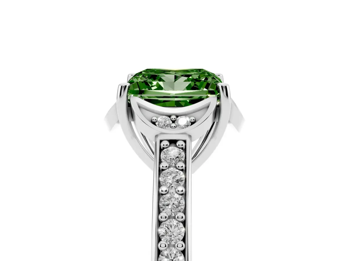 Fancy Green Princess Cut Cut Halo Diamond Ring with Channel Set Band and Four-Prong Setting White gold