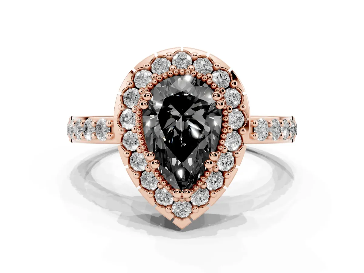 Fancy Black Pear Cut Diamond Halo Ring with Pavé Band and Prong Setting Rose gold