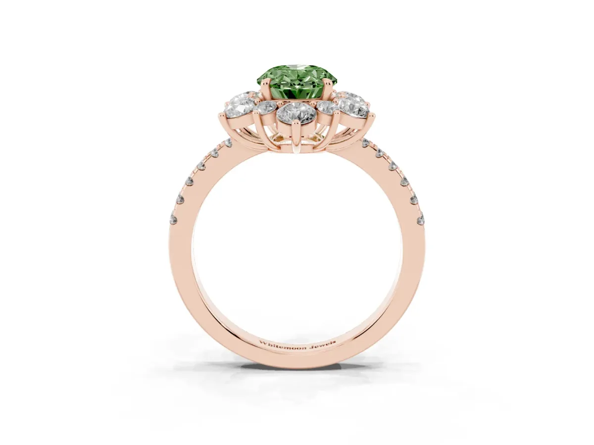 Fancy Green Oval Cut Diamond Floral Halo Ring with Round Pavé Band and Prong Setting Rose gold