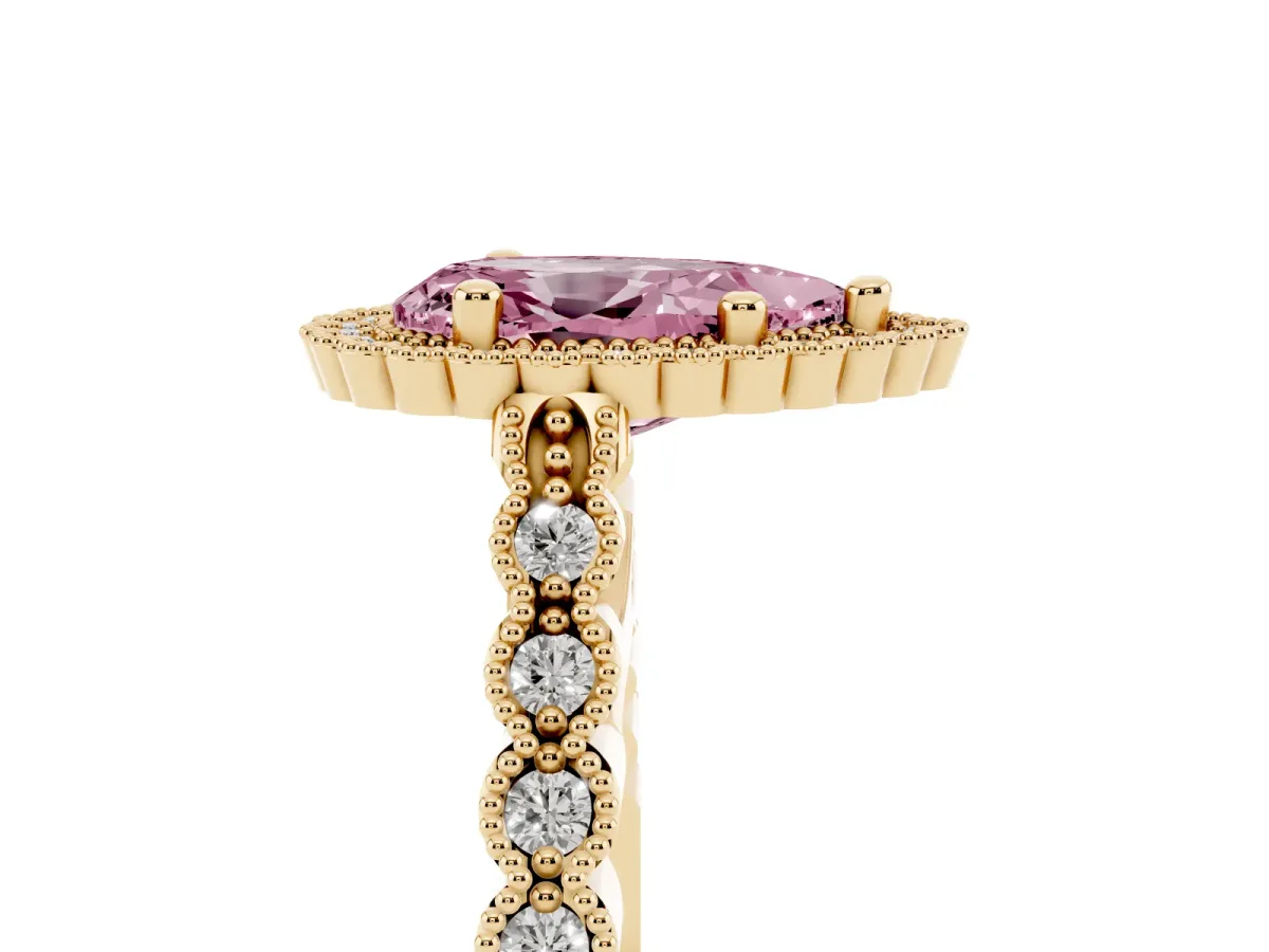 Fancy Pink Pear Cut Cut Halo Pavé Solitaire Ring with Milgrain Band Yellow gold