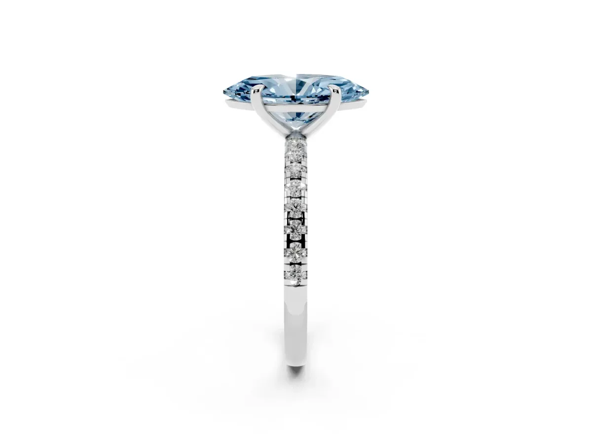 Fancy Blue Marquise Cut Diamond Brilliant Solitaire Ring with Pavé Band and Four-Prong Setting Silver