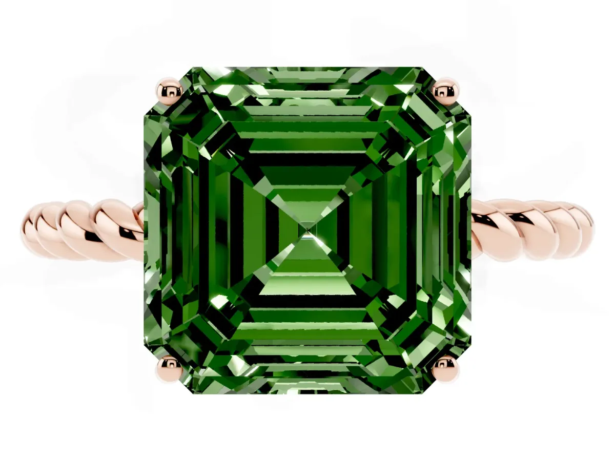 Fancy Green Asscher Cut Solitaire Twisted Band 4-Prong Ring Rose gold