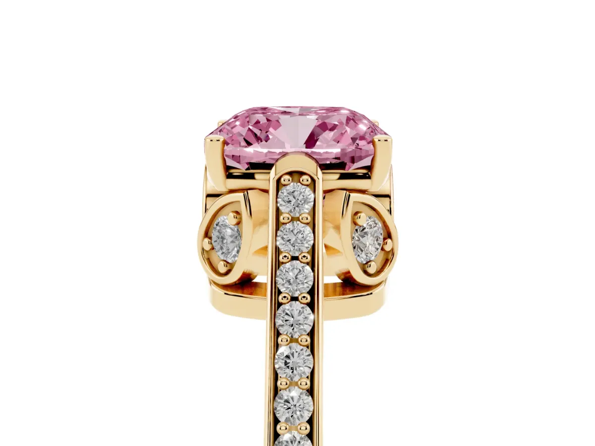 Fancy Pink Cushion Cut Cut Cathedral Pave Diamond Engagement Ring with Six-Prong Setting Yellow gold