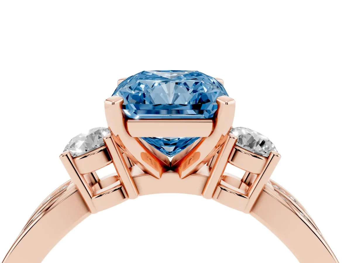 Fancy Blue Three-Stone Radiant Cut Cut Diamond Twist Band with Prong Setting Rose gold