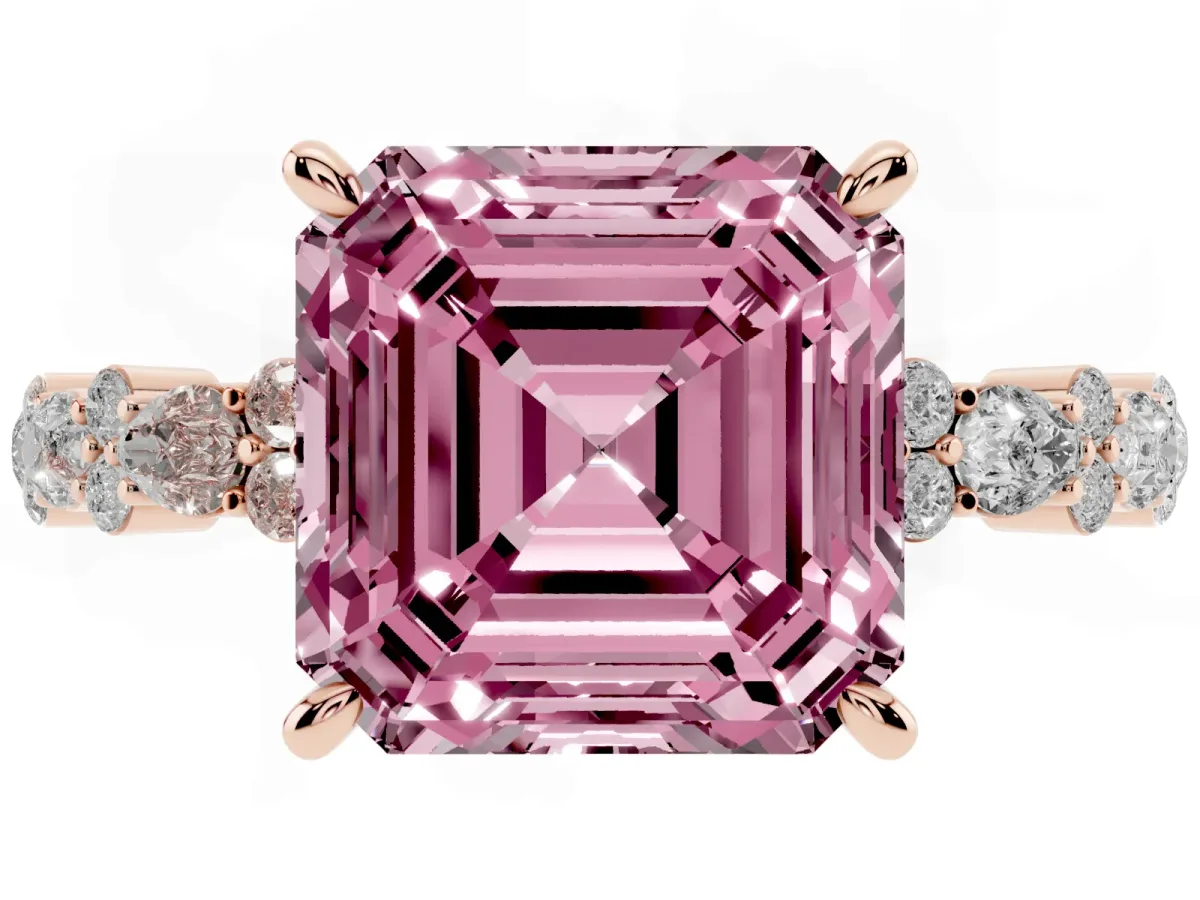 Fancy Pink Asscher Cut Diamond Side Stone Solitaire Ring with Round and Four-Prong Setting Rose gold