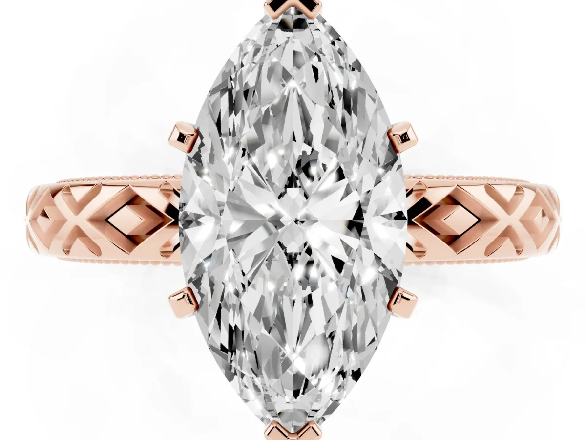 Marquise Cut Solitaire Diamond Ring with Milgrain and Black Enamel X Pattern Band Rose gold