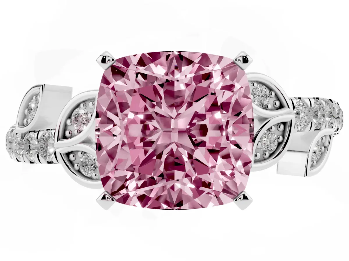 Fancy Pink Cushion Cut Solitaire Leaf-Inspired Diamond Ring with Pavé Band and Four-Prong Setting Silver