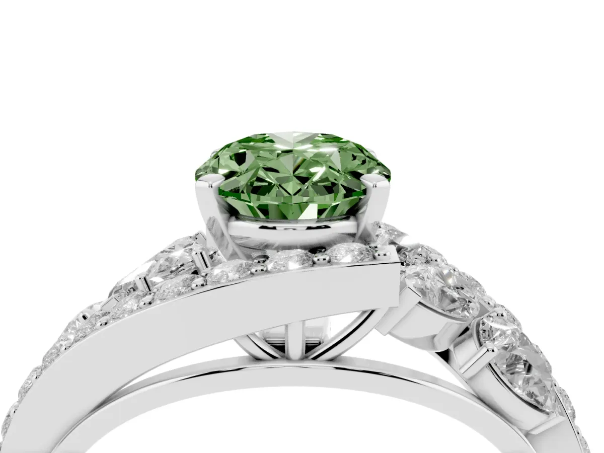 Fancy Green Oval Cut Diamond Halo Ring with Marquise and Pavé Band in Prong Setting Silver