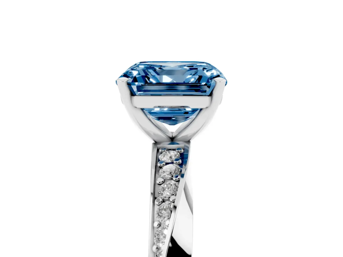 Fancy Blue Asscher Cut Diamond Engagement Ring with Side Stone Accents and Four-Prong Setting Silver