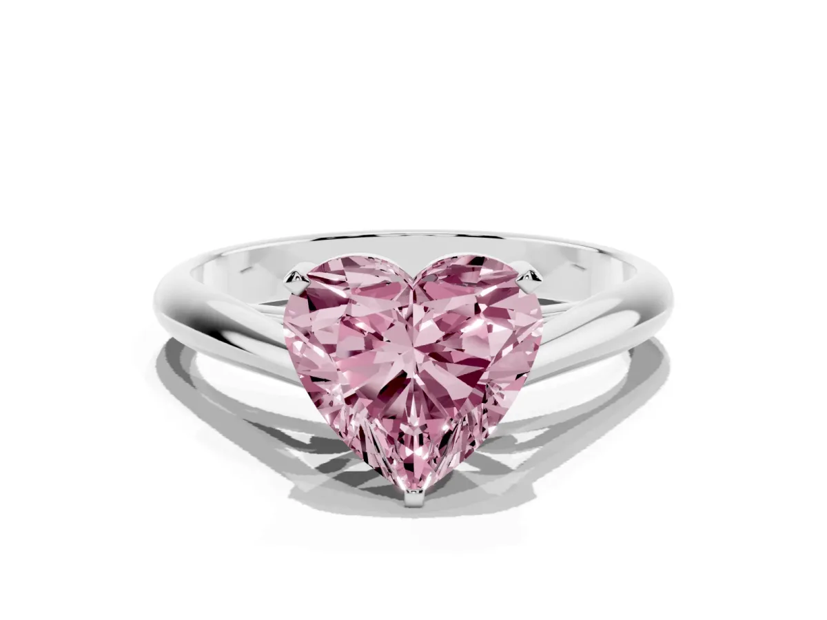 Fancy Pink Heart Cut Diamond Solitaire Engagement Ring with Cathedral Setting and Four-Prong Mount Silver