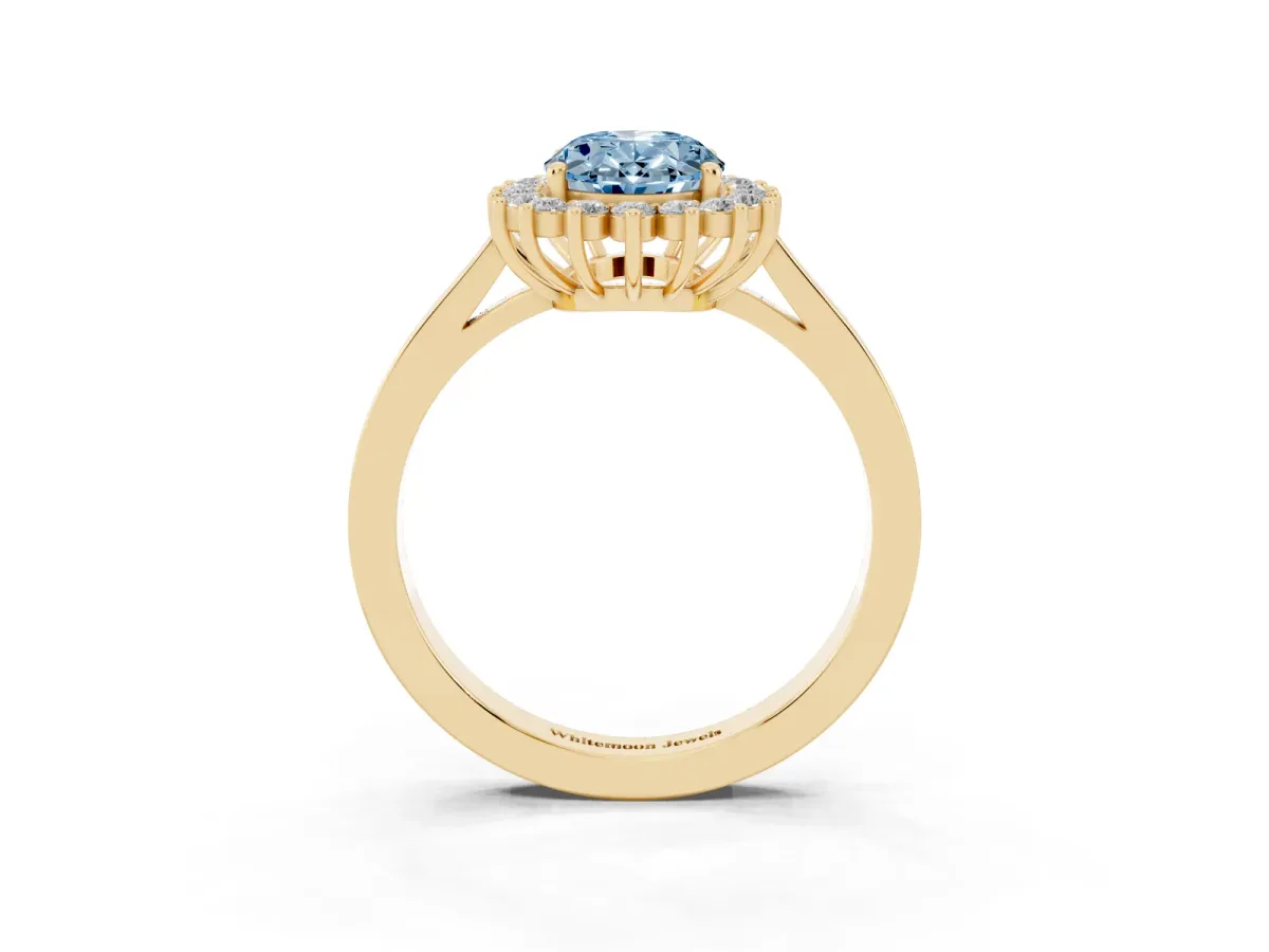 Fancy Blue Oval Cut Cut Diamond Halo Ring with Round Brilliant Halo and Solitaire Band Yellow gold