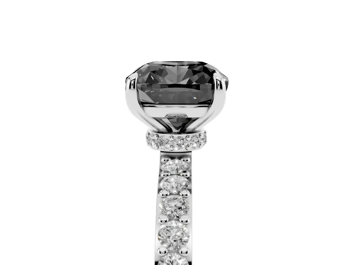 Fancy Black Cushion Cut Diamond Solitaire Engagement Ring with Pavé Band and Four-Prong Setting Silver
