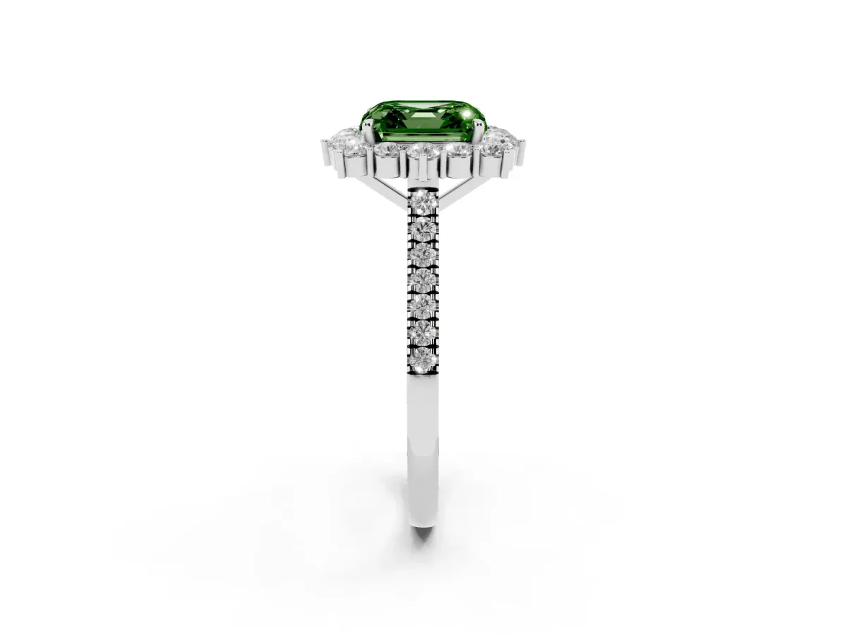 Fancy Green Asscher Cut Halo Diamond Ring with Pavé Band and Prong Setting Silver