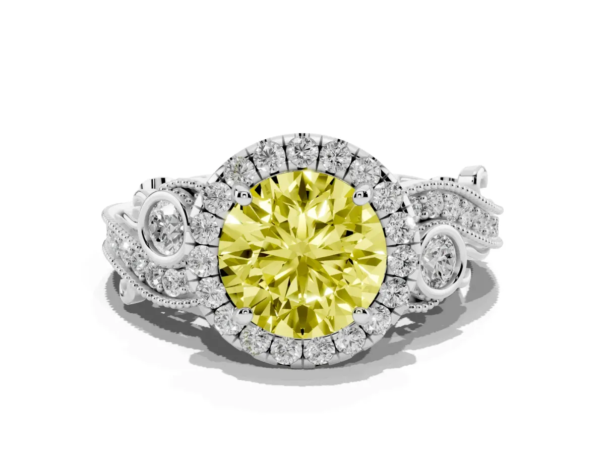 Fancy Yellow Round Cut Halo Diamond Ring with Milgrain and Bezel Accents on a Split Shank Band Silver
