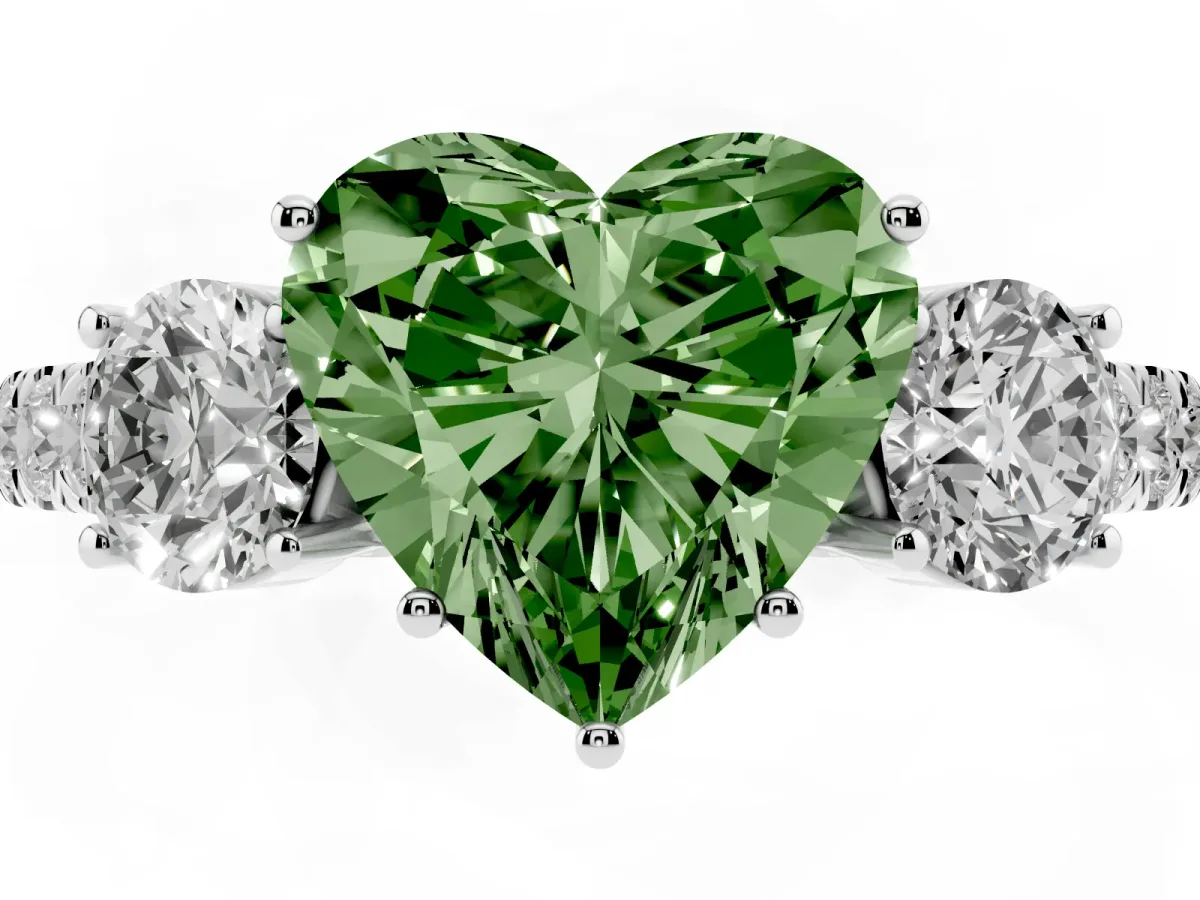 Fancy Green Heart Cut Cut Diamond Three-Stone Ring with Round Side Stones and Pavé Band White gold