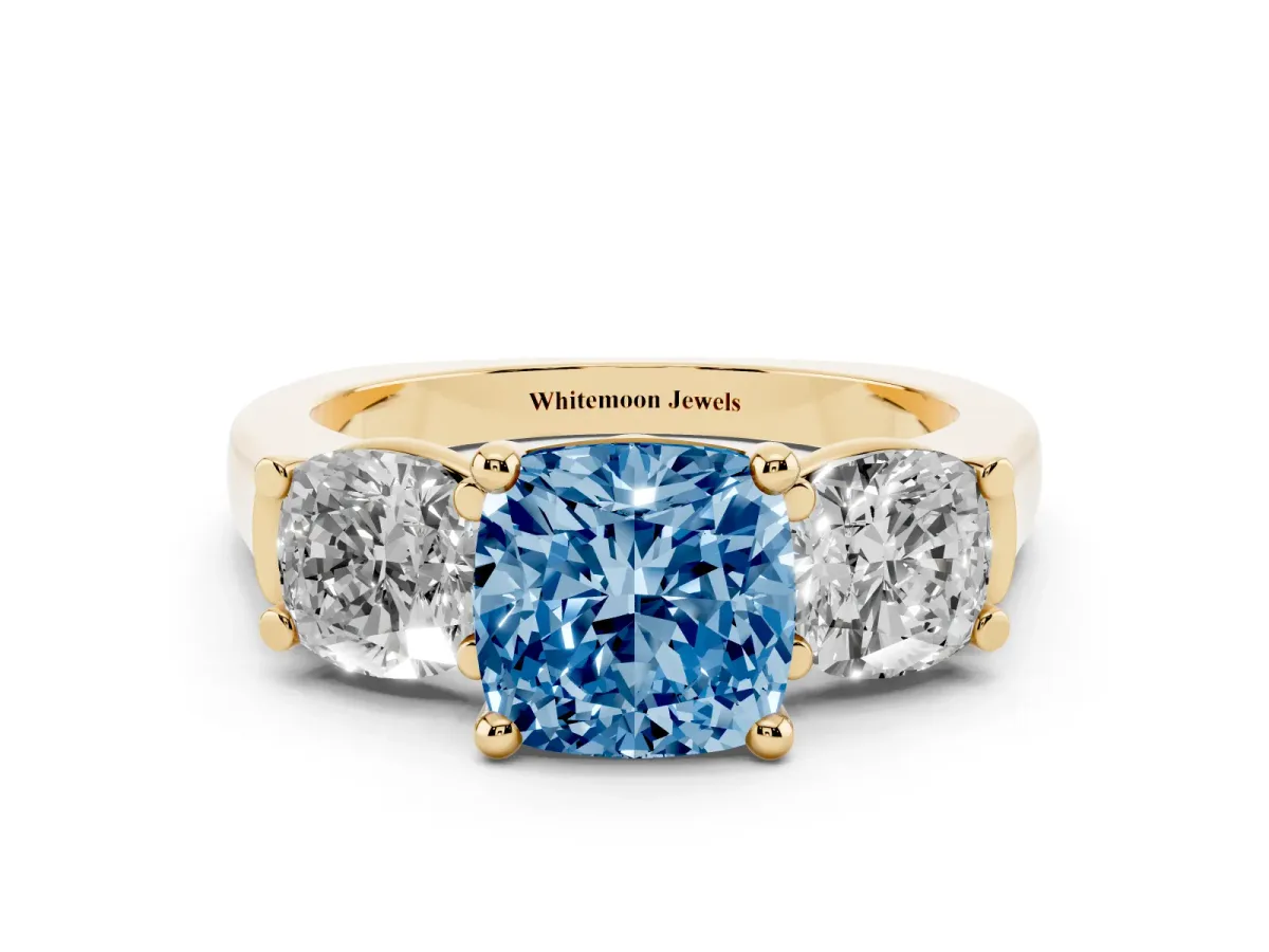 Fancy Blue Three-Stone Cushion Cut Brilliant Diamond Trellis Ring with Comfort Fit Band Yellow gold
