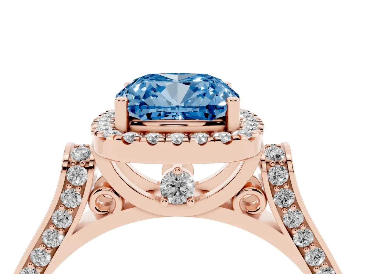 Fancy Blue Cushion Cut Halo Pave Split Shank Prong Setting Ring Rose gold