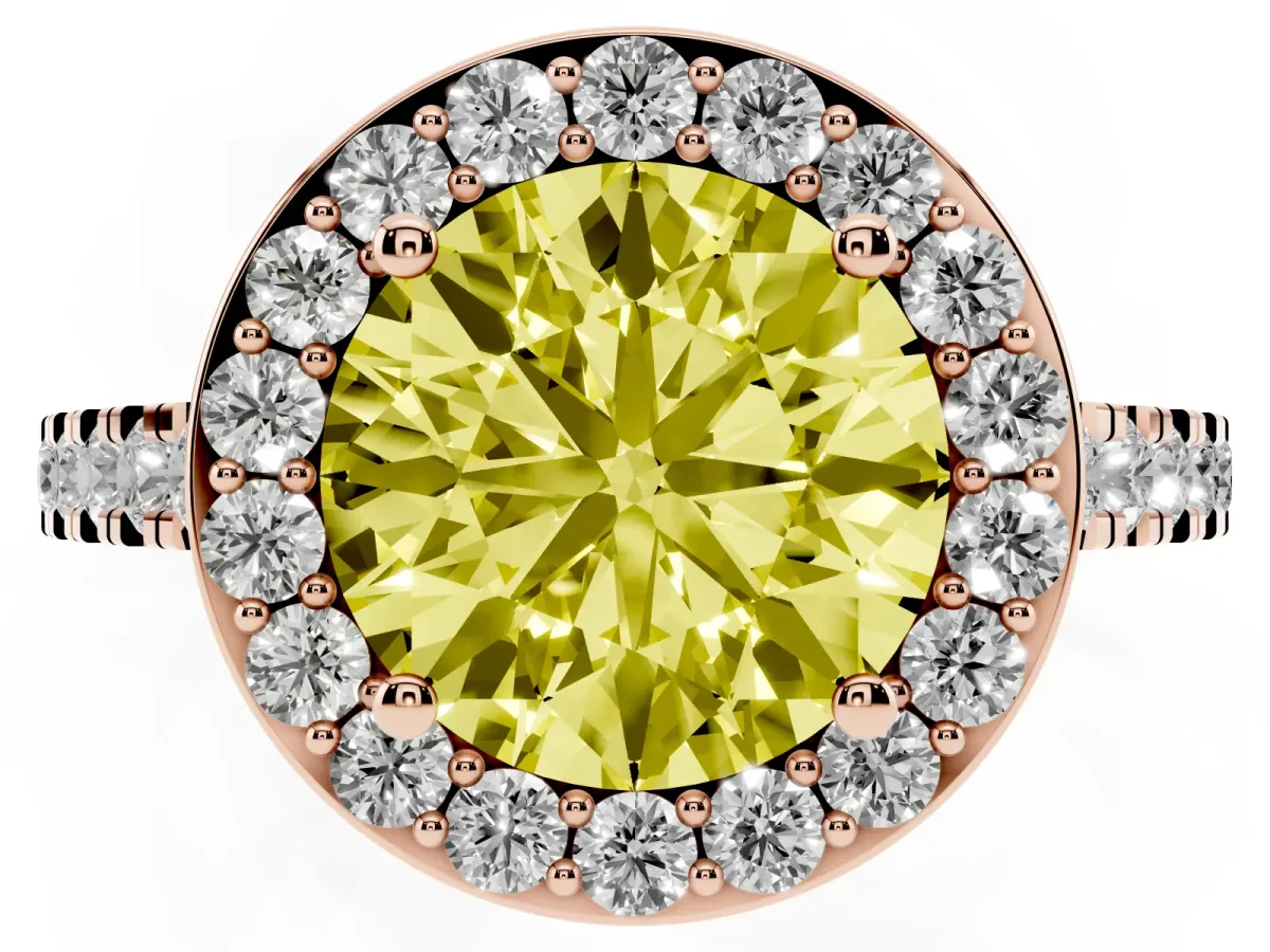 Fancy Yellow Round Cut Diamond Halo Ring with Round Pavé Split Shank and Prong Setting Rose gold