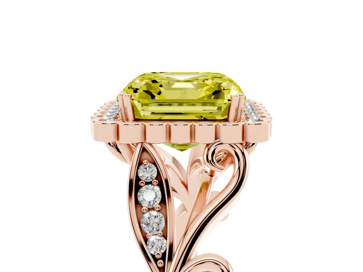 Fancy Yellow Asscher Cut Diamond Halo Ring with Vintage Split Shank and Four-Prong Setting Rose gold