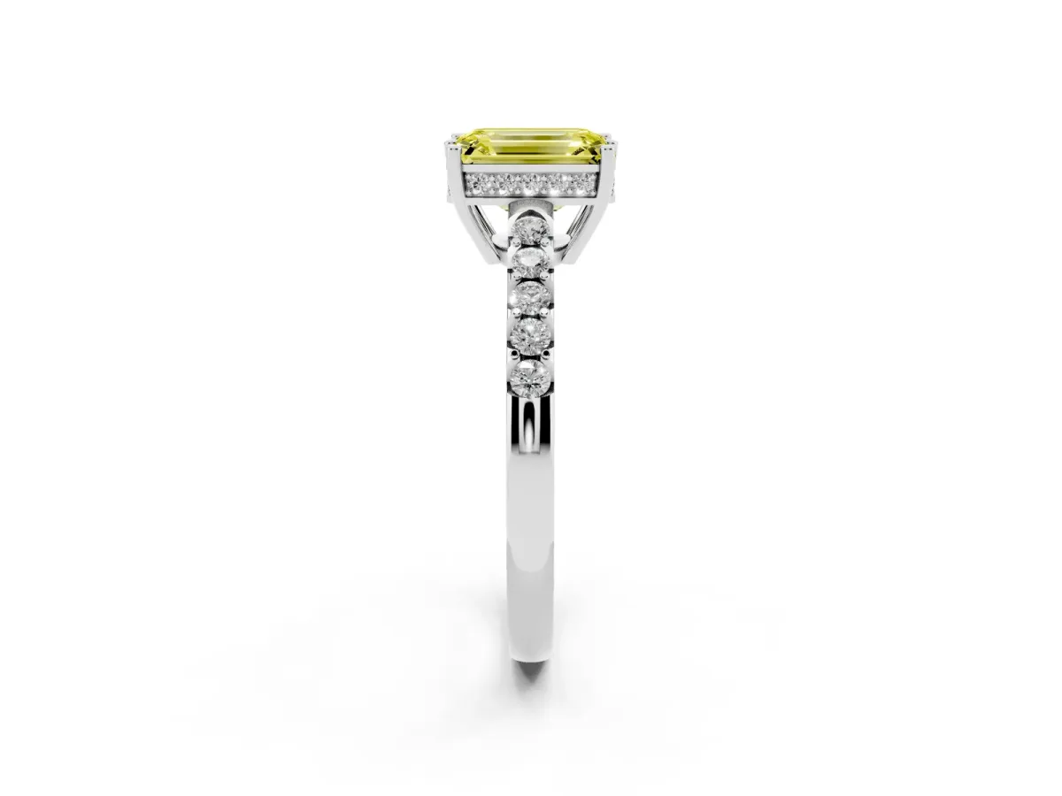 Fancy Yellow Emerald Cut Solitaire Diamond Engagement Ring with Pavé Band and Six-Prong Setting Silver