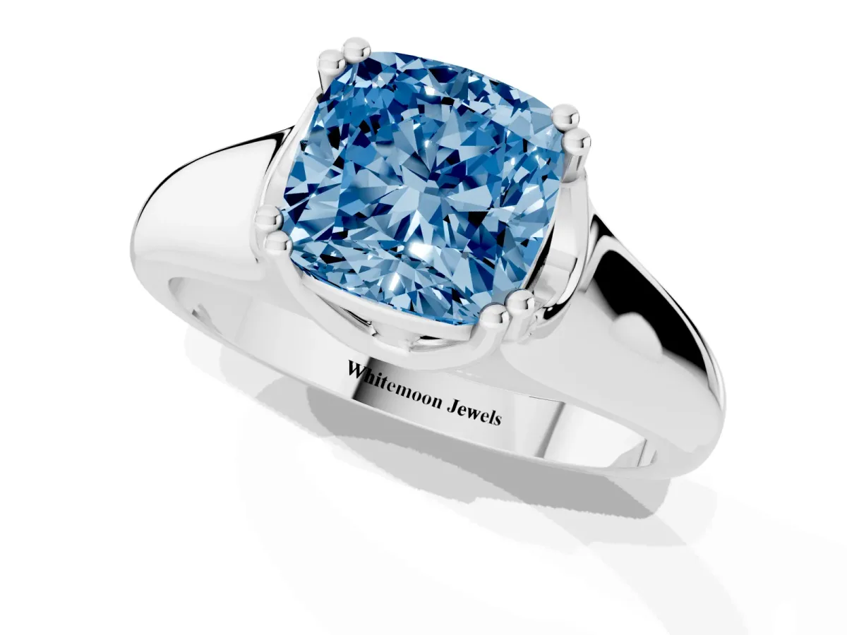 Fancy Blue Cushion Cut Diamond Solitaire Ring with Wide Band and Prong Setting Silver